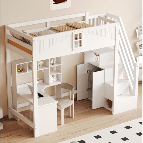 Letto a soppalco 90x200 cm bianco in legno con scala reversibile e ripiani laterali (1/5)
