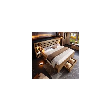 Lit double 160x200 cm avec LED, charge USB-C, tête de lit rangement, tiroirs, sommier lattes inclus, bois massif chêne, Marron