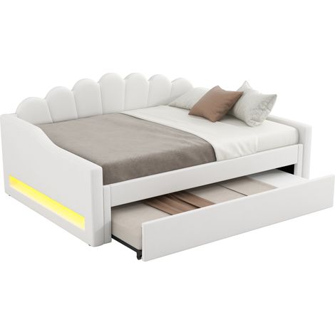 Lit de jour rembourré 140x200 cm avec bandeau LED et lit escamotable, beige (1/5)