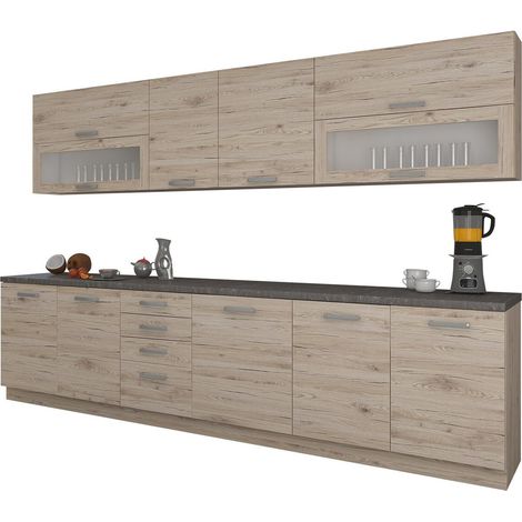 Mobilier1 – Cuisine complète Tucson 159 – Largeur 260 cm – Profondeur 52 cm – Stratifié chêne clair – Armoire indépendante 82 cm (1/4)