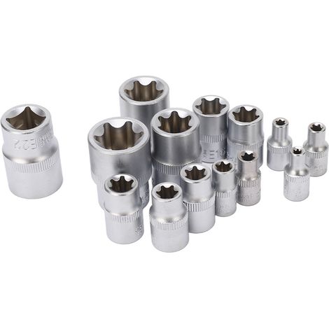 Jeu de 14 douilles Torx en étoile type E, tailles E4-E24, entraînements 1/4", 3/8", 1/2", kit de réparation. (1/5)