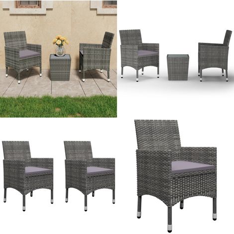Muebles de jardín 3 pzas ratán sintético vidrio templado gris - Muebles al aire libre - Sillas de jardín