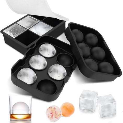 Moule à glaçons en silicone, bac à glaçons avec couvercle, 6 glaçons ronds et 6 glaçons carrés, bac à glaçons empilable, sans BPA, pour boissons fraîches, cocktails au whisky (1/5)