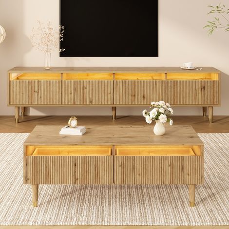 Ensemble de meubles de salon LED moderne - Meuble TV 4 portes + table basse 2 tiroirs - Design or/bois - Structure ondulée acrylique élégante