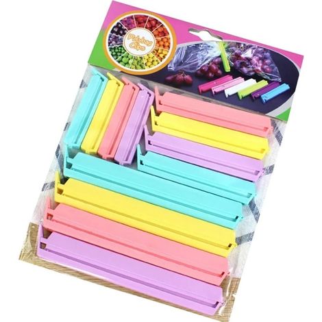 Lot de douze pinces alimentaires en plastique colorées pour fermer les sachets de snacks et aliments (1/5)