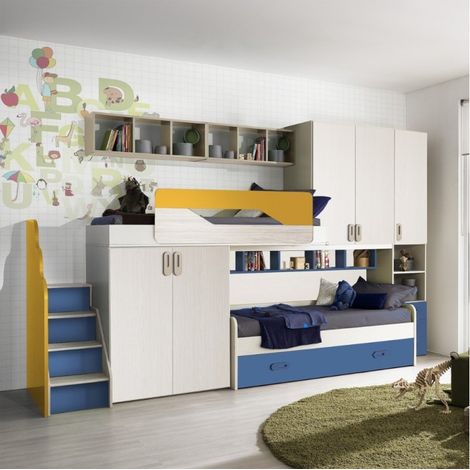 Cameretta soppalco con 3 letti Milly kiri avio giallo