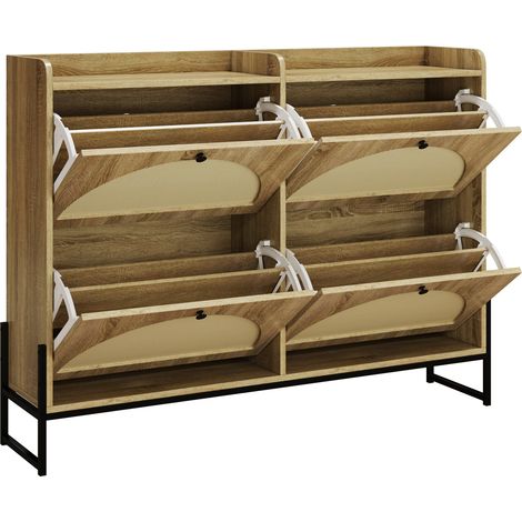Schmaler Schuhschrank mit 4 Klappen, Rattan-Optik, 118 x 25 x 91,5 cm (1/5)
