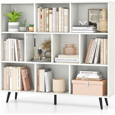 Bibliothèque à 10 Cubes 120 x 24 x 107 cm, Organisateur avec 5 Pieds Métalliques Effilés, Étagère avec 2 Kits Antichute pour Salon, Bureau, Blanc (1/5)