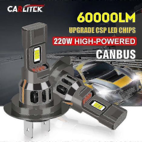 Ampoules LED H7 Canbus 60 000 lm 220 W Turbo pour phares de voiture, format mini, plug & play, avec ventilateur, sans fil, blanc 6 000 K, 12 V (1/4)