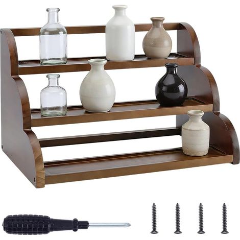 Étagère à Épices en Bois pour Comptoir, Organisateur de Cuisine à un Niveau en Bois de Pin Brun Noix de Coco Porte Épices pour Pots et Flacons D'Assaisonnement, 390x240x240mm (1/5)