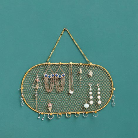 Porte-bijoux mural en métal doré, modèle encadré avec grille diamant 35x18cm pour colliers bracelets boucles (1/5)