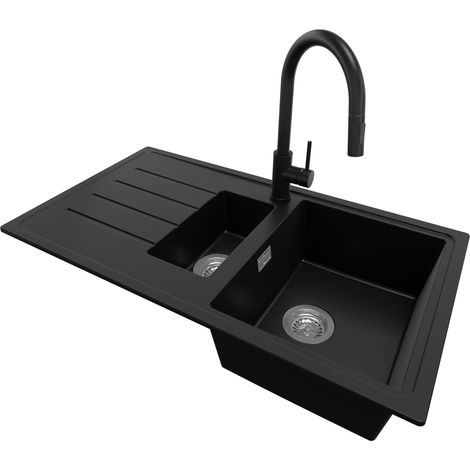 PRIMAGRAN Evier Cuisine en Granit 90x50cm, Lavabo 1,5 bacs + Robinet 40x20cm + Kit de Vidage, Évier à Encastrer au meuble 60cm - Copenhague Duo, Noir (1/5)
