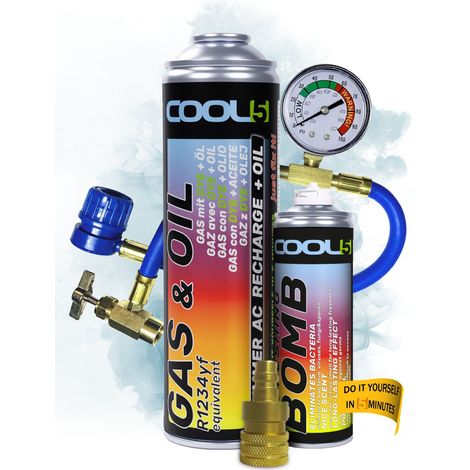 COOL5 2 en 1 - Reemplazo de refrigerante R1234yf con aceite, para recargar el aire acondicionado de autom贸viles fabricados despu茅s de 2016 + Manguera de presi贸n con man贸metro + Bomba de enfriamiento +