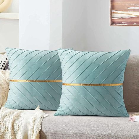 Fodera per cuscino in velluto blu-verde con striscia dorata, 45 x 45 cm, per divano, cuscino, federa, decorazione comoda e morbida per divano in soggiorno o camera da letto, set da 2 - Azzurro chiaro