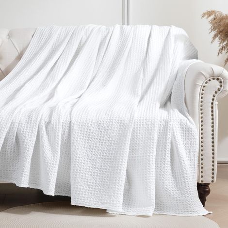 Couverture Coton Waffle, 228x228cm, Plaid Doux et Chaud, Blanc