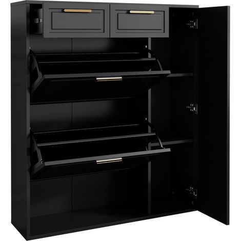 Mobile porta scarpe moderno nero con ripiani regolabili, 2 cassetti e ante, 95 x 24 x 107,5 cm (1/5)