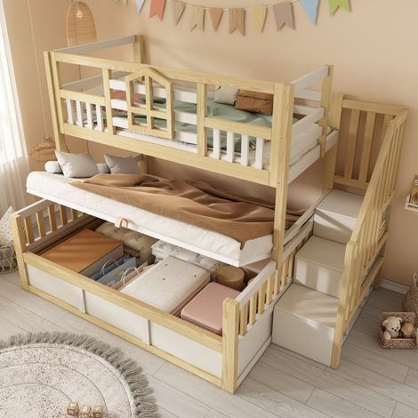 Cama litera estilo casita de madera blanco y roble 90x200 + 140x200 cm con ventanas, escalera con almacenaje y arcón hidráulico