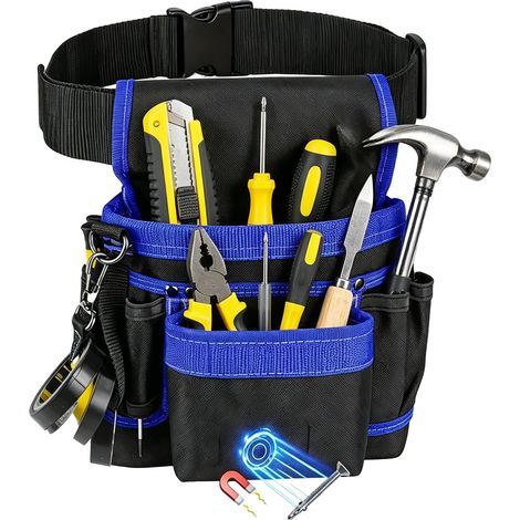 Ceinture à outils pour homme avec 13 poches et aimant – Sac à outils réglable et amovible, ceinture d'artisans avec porte-marteau pour électriciens, charpentiers, ouvriers du bâtiment, bleu (1/5)