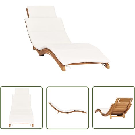 Chaise longue pliable avec coussin blanc crème Bois de teck (1/5)