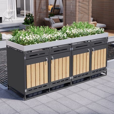 Cassetta per bidoni con fioriera 4 scomparti 262 x 79 x 120 cm, metallo, nera HAVRYA (1/5)