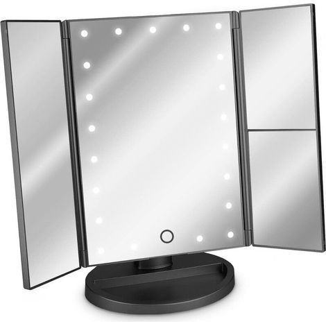Miroir Lumineux LED 3 Faces à Poser - Miroir Maquillage Triptyque Pliable sur Pied avec Effet Grossissant x2 x3 - Pile ou USB - Noir (1/2)