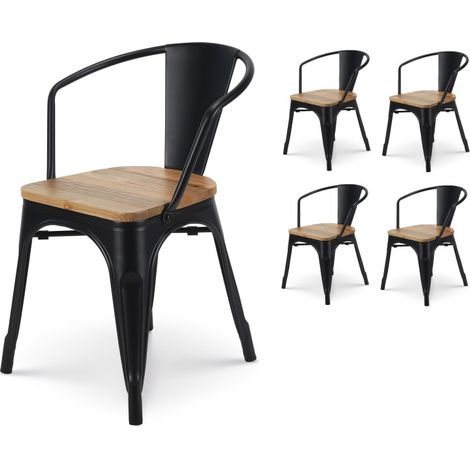 Set de 4 Sillas de Estilo Industrial de Metal Negro Mate con Asiento de Madera Clara - Con Reposabrazos (1/5)