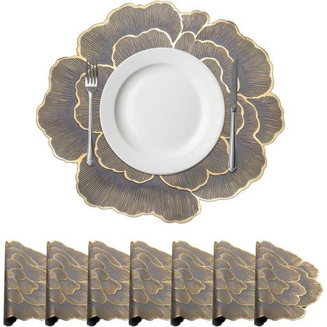 8 teiliges Set floraler Platzsets 38 × 38 cm 1,5 mm dick PVC abwaschbar stilvoll und vielseitig zur Tischdekoration gold grauer Hintergrund (1/5)