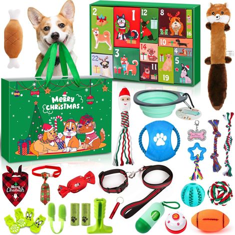 Calendrier de l'Avent Chien Calendrier de l'Avent 2025 Jouet Chien, Cadeaux Noel pour Animaux, 24 Jouets Interactifs Intérieurs Extérieurs - Colliers Boules Jouet de Dentition Laisses