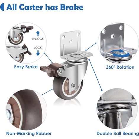 JSSEVN - 50mm Furniture Casters with 4 Brakes, L-Shaped Mounting Plate, Heavy Duty Caster Up to 27KG, Rubber, Set of 4 (1/4)