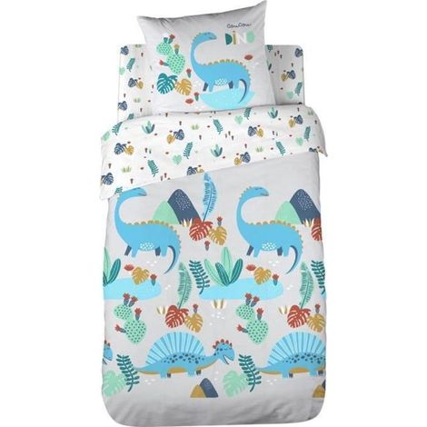 Parure de lit - COTE DECO KIDS - Dinosaure - 100% coton BIO - Housse 140x200 cm - Taie 63x63 cm