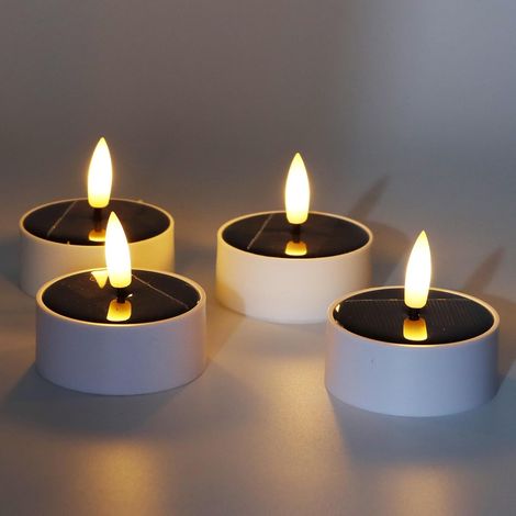 Lot de 4 bougies chauffe-plat LED solaires d'extérieur étanches pour jardin/camping, crépuscule à l'aube automatique et scintillement blanc chaud, plastique, diamètre 5,8 x 5,8 cm