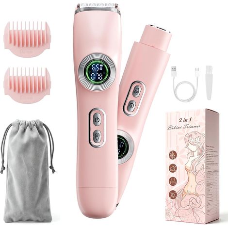 Women's 2-in-1 Electric Shaver, Intimate Hair Clipper, Dry/Wet, Pink  Women's Shaver with LED Display, Women's Electric Hair Remover, Women's Bikini Trimmer for Face, Legs, Underarms, Bikini (1/5)