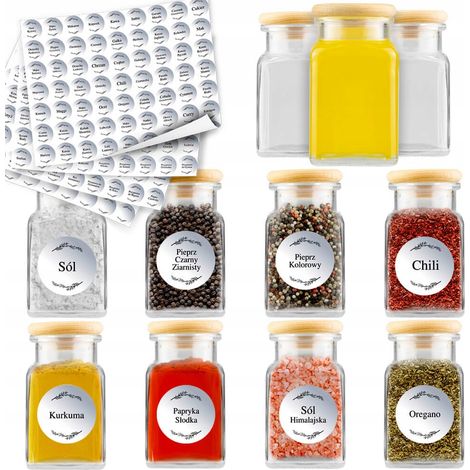 Barattolo per spezie da 150 ml con coperchio in legno + 252 adesivi (1/5)