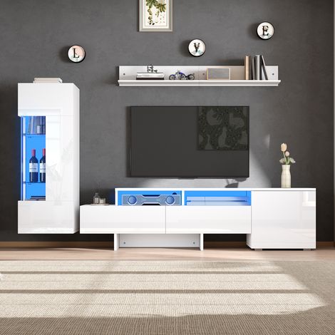 Ensemble meuble TV 3 pièces - Meuble TV + vitrine + étagère murale - Éclairage LED - 2 portes + 2 tiroirs - Finition brillante - Blanc (1/5)