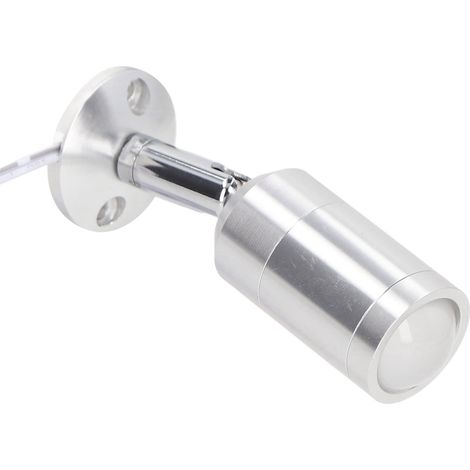 Projecteur LED mini à angle réglable pour vitrine, idéal pour bijoux et étagères. Couleur argent. Alimentation 220 V CA, lumière blanc chaud 3000 K.