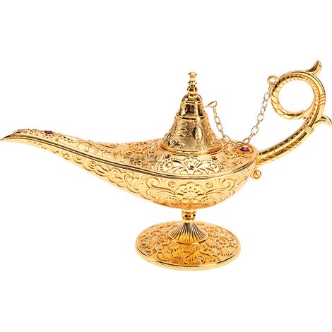 Lampe creuse en métal doré sculpté, inspirée de la légende d'Aladdin, avec un pot à souhaits décoratif. (1/5)