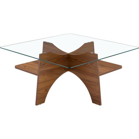 Table basse 80 cm verre de sécurité table de salon forme carrée pieds en mdf aspect bois noyer (1/5)