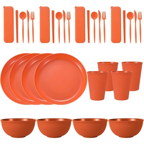 Service de table portable en paille de blé (bols, assiettes et tasses), couteau, fourchette, cuillère et baguettes portugaises. Ensemble de 36 pièces. (1/5)