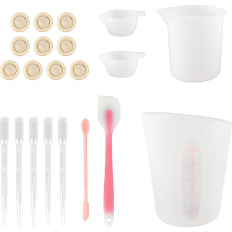 Ensemble de 21 outils de mesure en silicone (comprenant spatule, protège-doigts et compte-gouttes), outils de mélange pour résine époxy, rose (1/5)