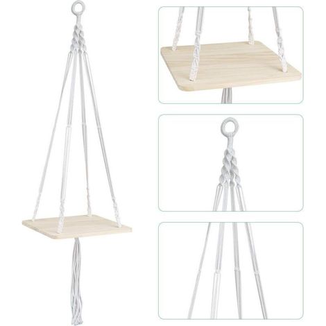 Wood Hanging Shelf Suspension Plante Macramé Porte Suspendre Support de Pot de Fleurs Flower Pot Holder Boho pour Plantes Hanger d'intérieur extérieur Home Decor (Carré 105 cm 41') (1/5)