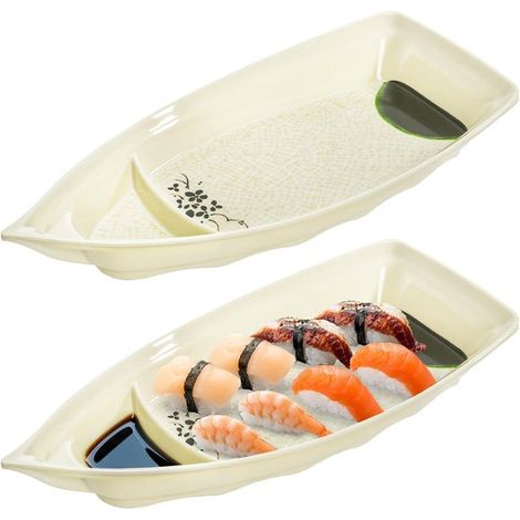 Plato para servir sushi con forma de barco, Plato de plástico esmaltado prácticamente irrompible, Dimensiones: 32,7 x 14,5 cm (1/5)