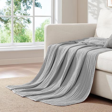 Couvre Lit 2 Personnes 220x240 de Coton, Couverture en Mousseline pour Adultes Gris, Doux Et Agréable Au Toucher, Plaid en Gaze Confortable Et Moelleuse (1/5)