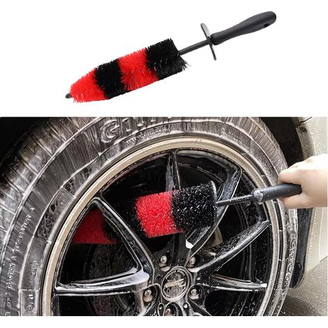 Cepillo para limpiar ruedas de coche, cepillo de anillo de acero bicolor rojo y negro, cepillo de limpieza, cepillo para lavar coches, cepillo de desmontaje (1/5)