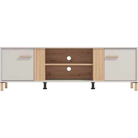 Meuble TV avec 2 portes et 2 niches - Beige et naturel - LYSANO (1/4)