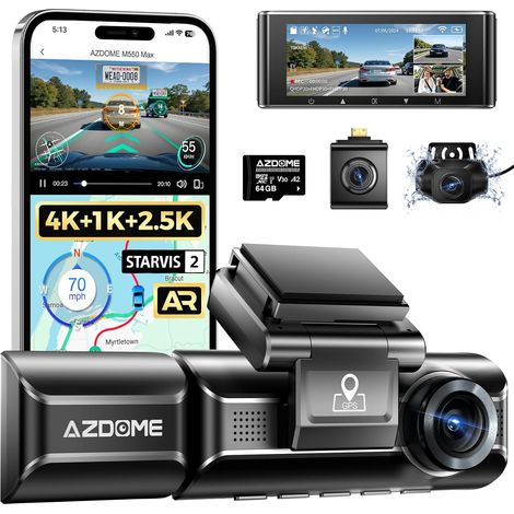 4K Dashcam Voiture, 4K+1080P+2.5K Triple Camera Avant Arrière Intérieur, WiFi GPS, 3,19" Dashcam avec Carte SD 64G, Vision Nocturne, WDR, G-Capteur, Mode Stationnement, Enregistrement en Boucle (1/5)