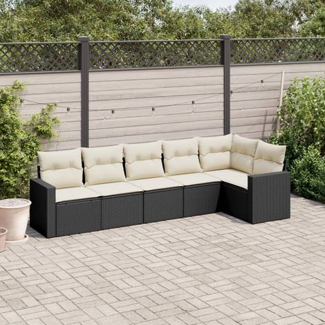 6-tlg. Garten-Sofagarnitur mit Kissen Schwarz Poly Rattan (1/3)