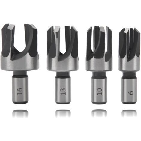 4 Pièces 6/10/13/16 mm Bois Plug Cutter Set, Tige Ronde Forets à Tenon en Acier au Carbone, Mèche à Bouchon Bois, Quatre Dents Fraises à Griffes Coniques, pour le Travail du Bois (1/5)