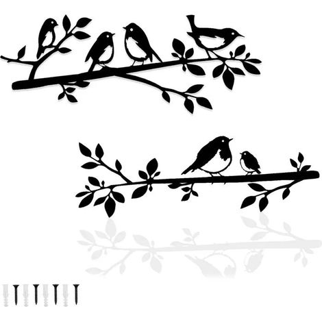 Lot de 2 oiseaux muraux en métal sur branche, décoration murale oiseaux métal, silhouette d'oiseaux sur feuilles, pour jardin ou - 2 (1/5)