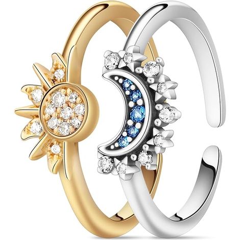 Bague ornée d'un soleil et d'une lune célestes, Bague ornée d'un soleil et d'une lune brillants ensemble, Bague ouverte sertie de