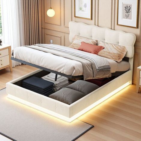 Cama doble 140x190 - Cofre hidráulico - Almacenamiento integrado - Cabecera de terciopelo beige - LED RGB